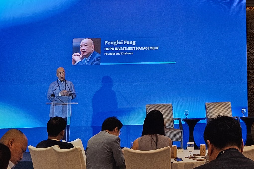 Hopu Investment Management founder and chairman Fang Fenglei speaks at Mergermarket’s AVCJ Private Equity Forum China event in Beijing on Wednesday. Photo: Coco Feng