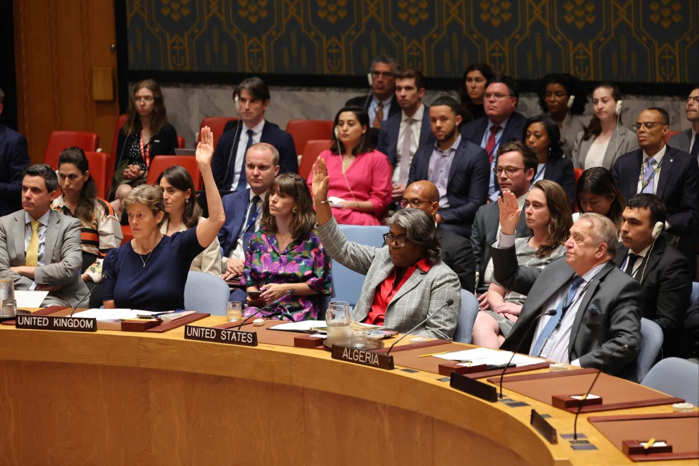 Members of the UN Security Council vote on a resolution during a meeting on the situation in the Middle East, at the UN headquarters in New York on June 10. Photo: Getty Images/AFP