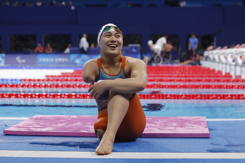 Chinese Paralympian Jiang Yuyan reacts to the results of the women’s 400m freestyle race in Paris, France. Photo: Reuters