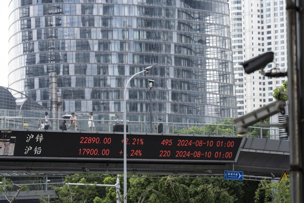 An electronic ticker displays stock figures in Pudong’s Lujiazui Financial District in Shanghai on August 14, 2024. Photo: Bloomberg