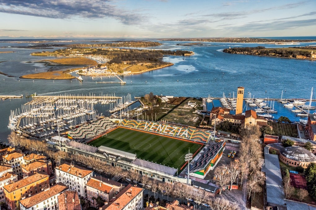 Venice’s hidden gem, the Pier Luigi Penzo stadium, dating from 1913 and with a capacity of just 11,000, looking out on the Venice lagoon and its islands, surrounded by a marina, ancient church and houses of the Sant’Elena neighbourhood. Photo: Venezia FC