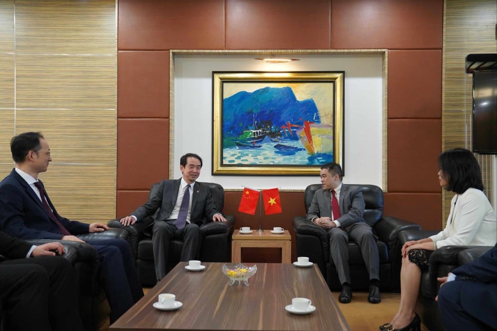 Beijing’s new ambassador to Vietnam He Wei (second from left) arrives in Hanoi on Wednesday. Photo: Chinese embassy in Vietnam