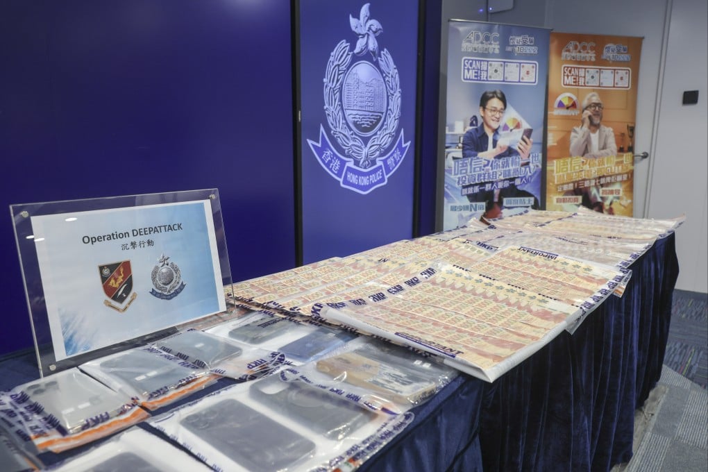 A display of some of the evidence seized in a police operation against the syndicate that allegedly laundered HK$231 million. Photo: Edmond So