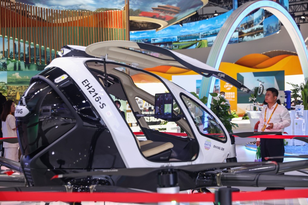 Chinese flying taxi maker EHang’s electric vertical take-off and landing vehicle is on display at the 2024 China International Fair for Trade in Services in Beijing. Photo:  EPA-EFE