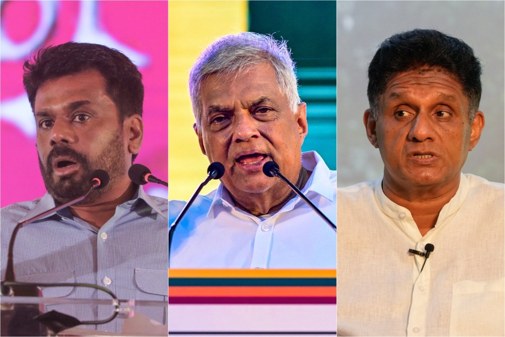 From left: Anura Kumara Dissanayake from National People’s Power; Sri Lanka’s incumbent President Ranil Wickremesinghe; Sajith Premadasa of Samagi Jana Balawegaya. Photos: EPA-EFE, AFP, AP