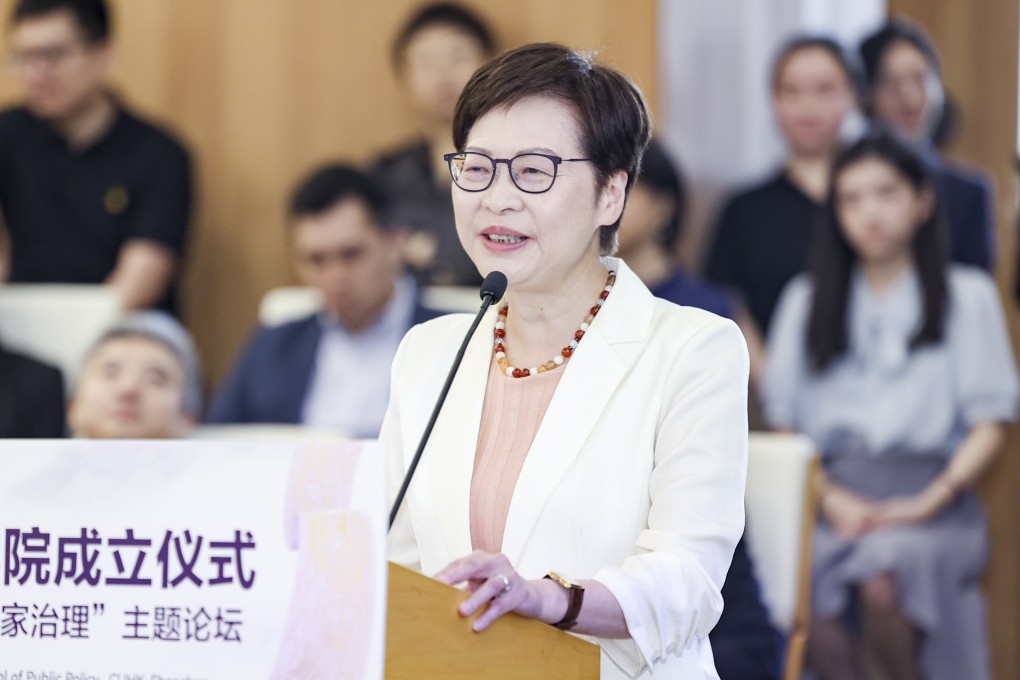 Former leader Carrie Lam speaks at a seminar at the Chinese University of Hong Kong’s Shenzhen campus. Photo: Handout