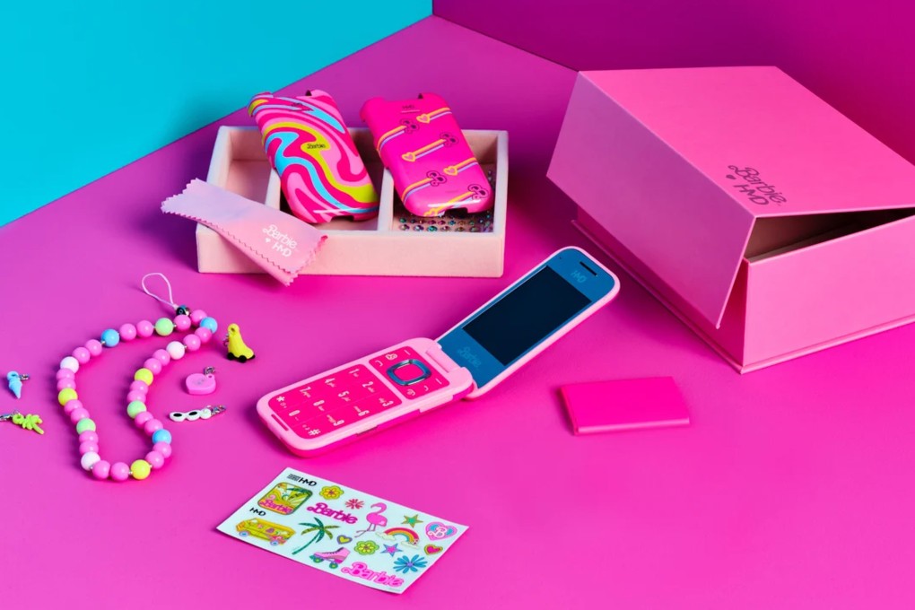 Marketed as a solution to the pervasive influence of smartphones, the Barbie flip phone made by HMD in partnership with Mattel aims to provide a “digital detox” by offering limited functionality. Photo: HMD, Mattel