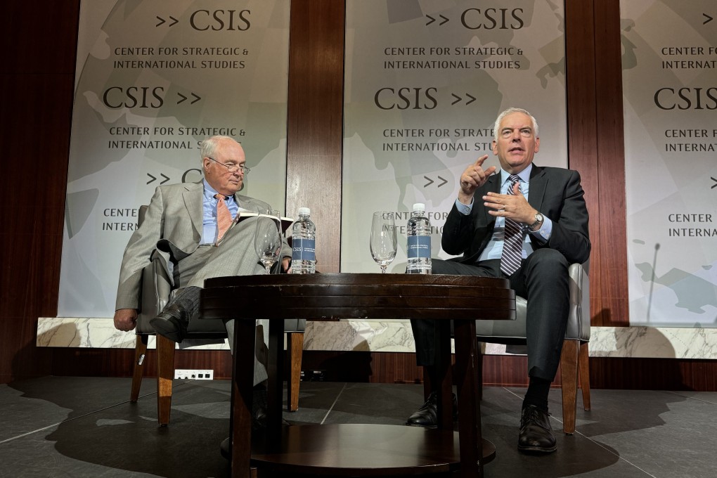 Matthew Axelrod (right), US assistant secretary for export enforcement at the Department of Commerce, speaks at the Centre for Strategic and International Studies in Washington on Thursday, with William Reinsch of CSIS.