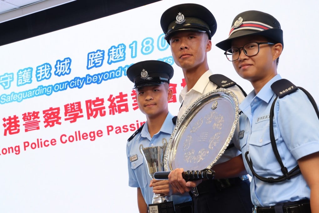 (Left to right) Constable Tang Wai-kit, Inspector Myron Lam and Constable Hollis Chau attend a graduation ceremony at the Police College. Photo: Jelly Tse