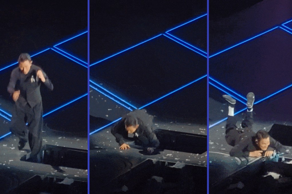 Andy Lau narrowly escaped serious injury at a Shenzhen concert after falling into an open trapdoor. Photo: SCMP composite/QQ.com