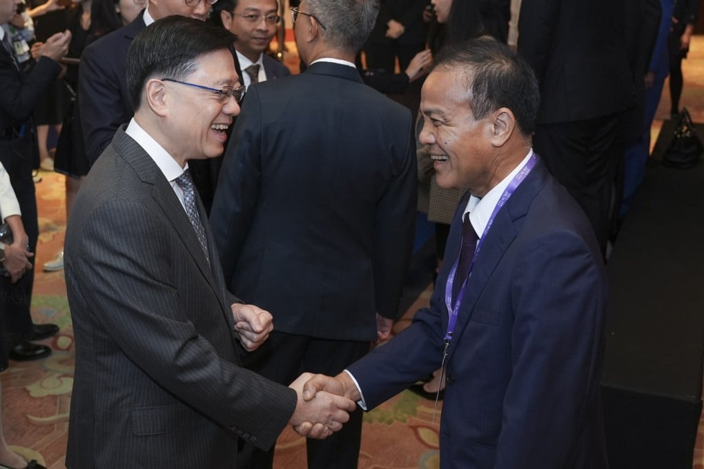 John Lee Ka-chiu (left), Chief Executive of Hong Kong, and Phouthanouphet Saysombath, Lao’s Deputy Minister of Finance speake during the Hong Kong - Asean Summit 2024 on September 13. Photo: Eugene Lee