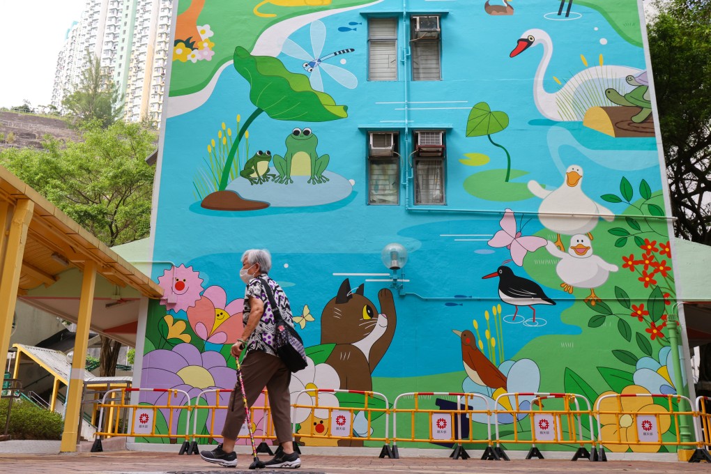 A mural at Tin Lok House in Shun Tin Estate. Housing authorities plan to install easily accessible chairs and other facilities to improve tenants lives in five rental housing estates. Photo: Jelly Tse