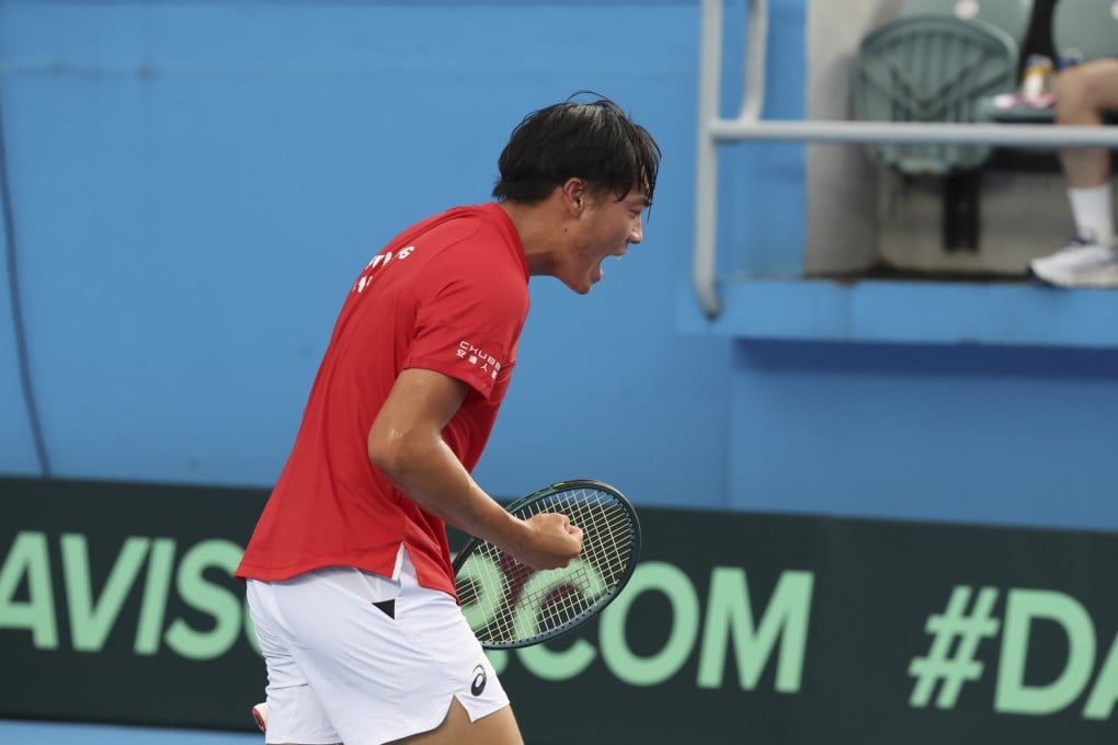 Coleman Wong celebrates winning a point during his Davis Cup match against Ecuador’s Marcos Lee at Victoria Park Tennis Stadium. Photo: Dickson Lee