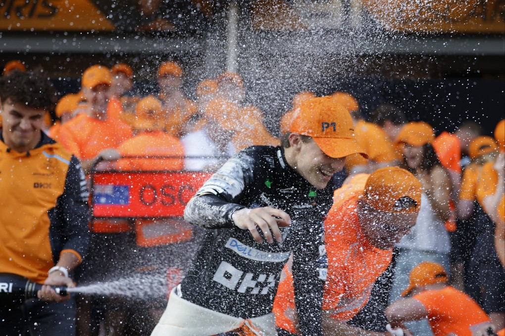McLaren’s Oscar Piastri is sprayed by teammates in the garage after winning the Azerbaijan Grand Prix in Baku. Photo: Reuters