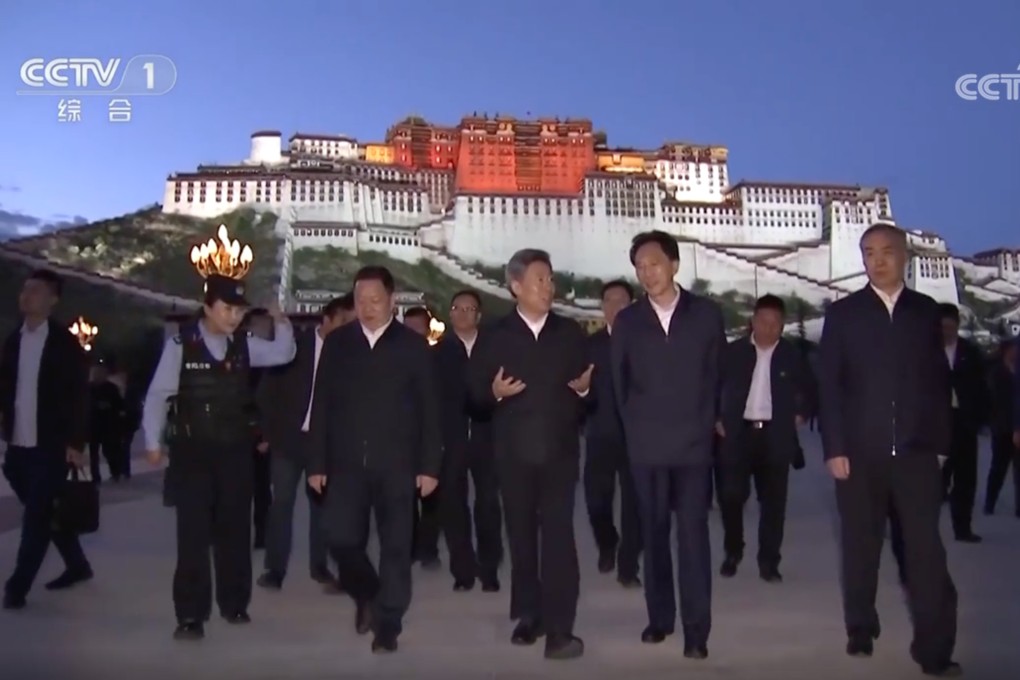 Chen Wenqing (third from right), head of the Central Political and Legal Affairs Commission, in Lhasa, as part of his tour of Tibet and Sichuan’s Ganzi prefecture. Photo: CCTV