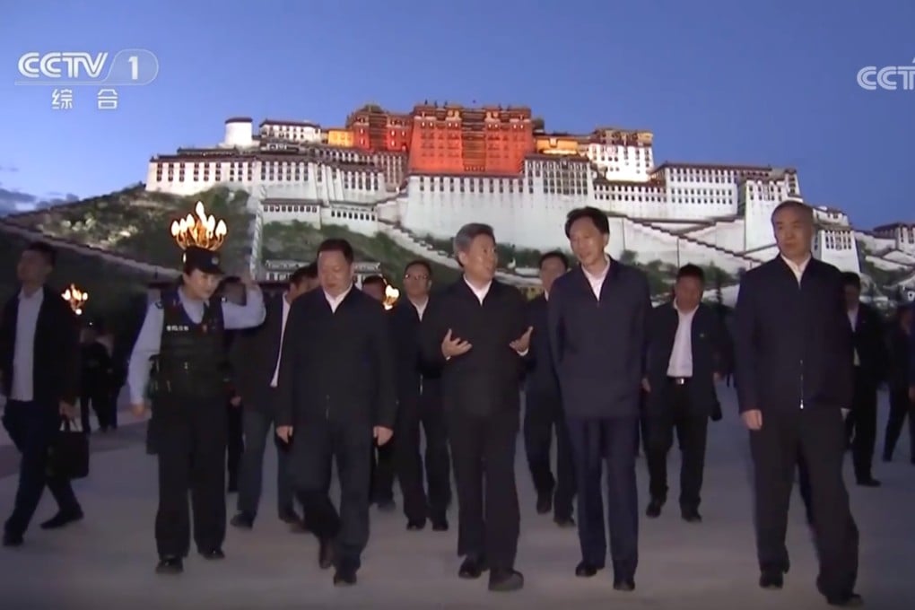 Chen Wenqing (third from right), head of the Central Political and Legal Affairs Commission, in Lhasa, as part of his tour of Tibet and Sichuan’s Ganzi prefecture. Photo: CCTV
