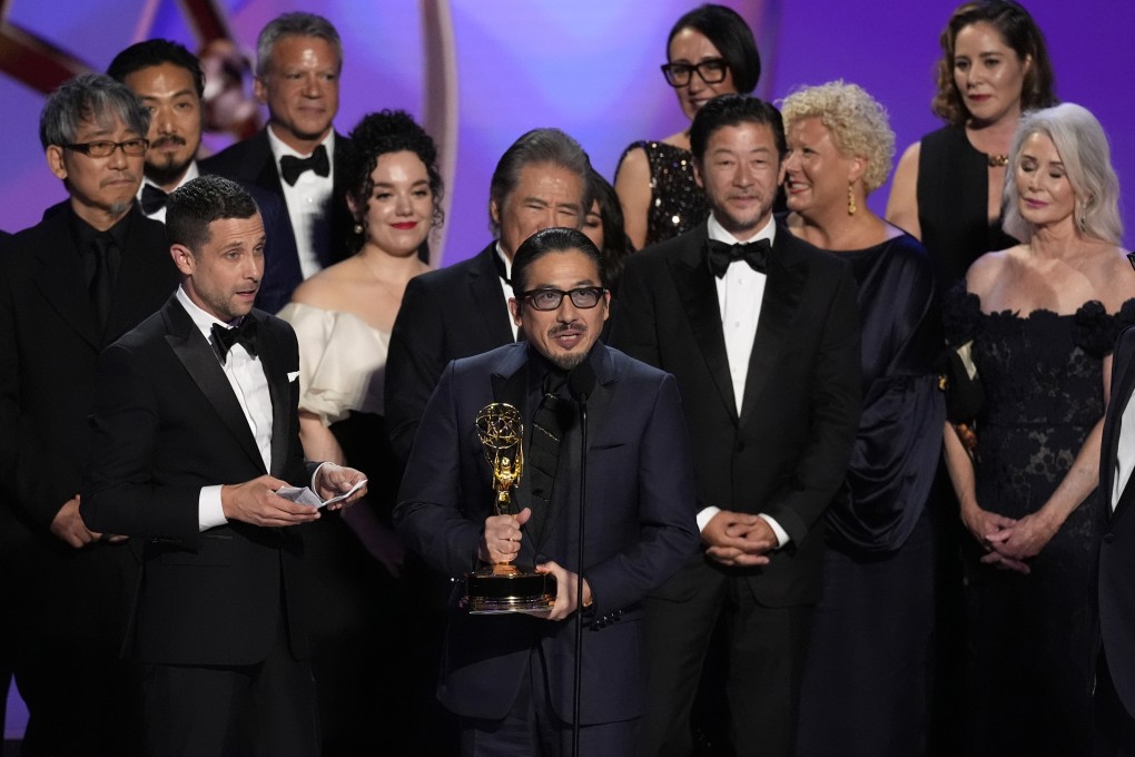 Series co-creator Justin Marks (left), lead drama actor winner Hiroyuki Sanada (centre) and other members of the cast and crew of Shogun accepts the award for outstanding drama series during the 76th Primetime Emmy Awards. Photo: AP