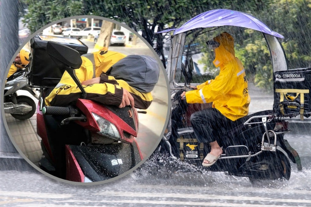 The death of a 50-year-old delivery man in China while napping between orders has reignited debates about the harsh working conditions faced by these workers. Photo: SCMP composite/Shutterstock/Baidu