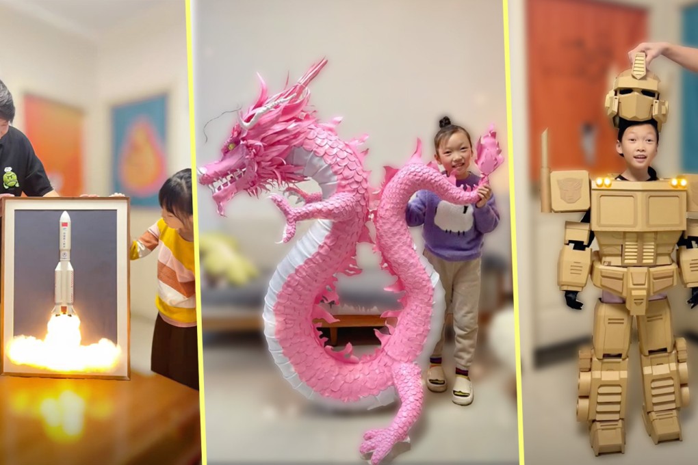 A Chinese father, worried about his daughter’s screen time, made nearly 300 homemade toys to compete for her attention. Photo: SCMP composite/Douyin