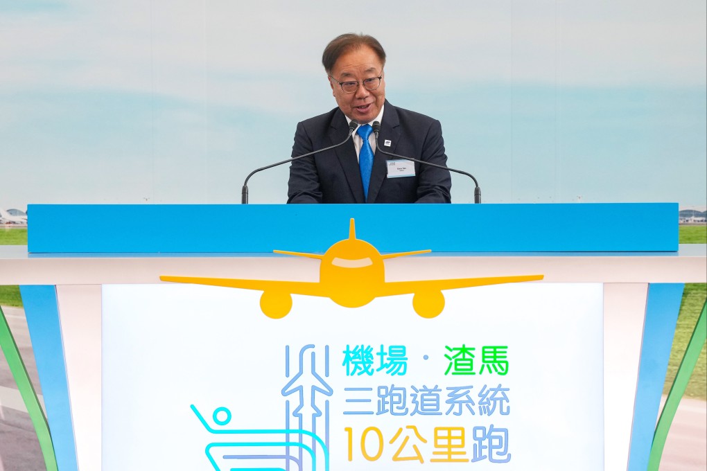 Kwan Kee, chairman of the Hong Kong, China Association of Athletics Affiliates, at the launch of the Three-runway system 10km international race at Hong Kong International Airport. Photo: Elson Li
