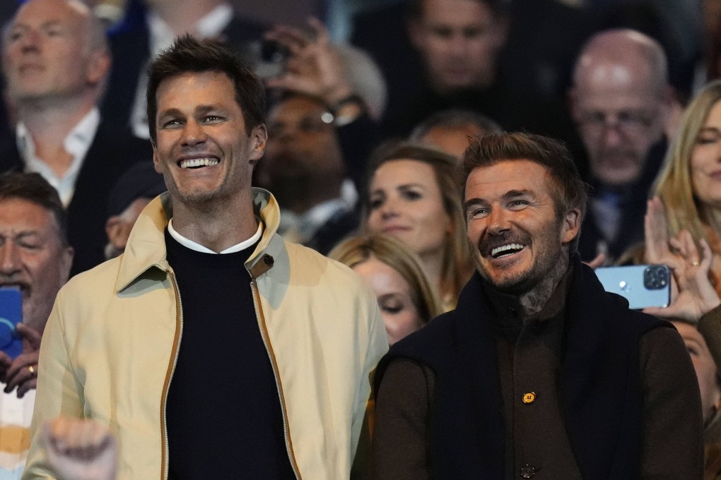 Birmingham City stakeholder Tom Brady (left) talks with Inter Miami co-owner David Beckham in the stands before the game at St Andrew’s. Photo: AP