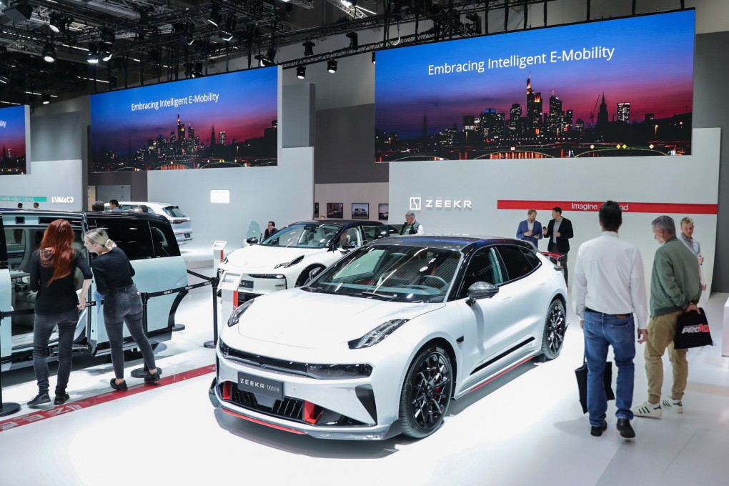 Visitors at an electric vehicle expo in Frankfurt, Germany, look at a Zeekr automobile, manufactured by the Chinese company Geely. Photo: Xinhua