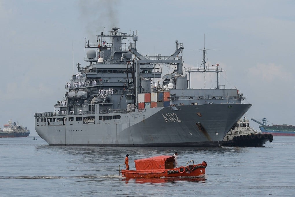 The German Navy support ship Frankfurt Am Main prepares to dock in Manila on Monday. Photo: AFP