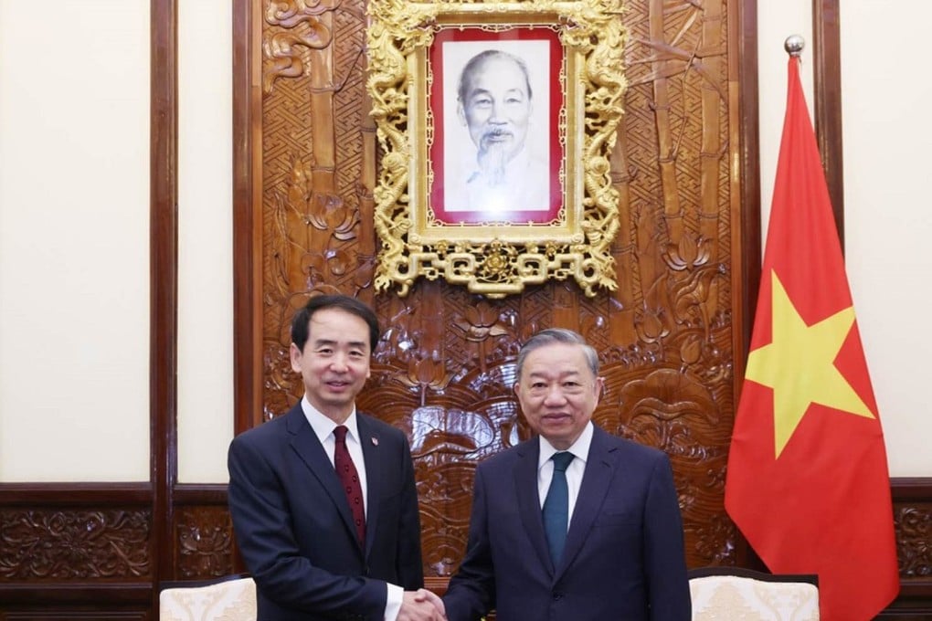 Vietnam’s top leader To Lam receives credentials from China’s newly named envoy He Wei on Tuesday. Photo: Embassy of The People’s Republic of China in Vietnam