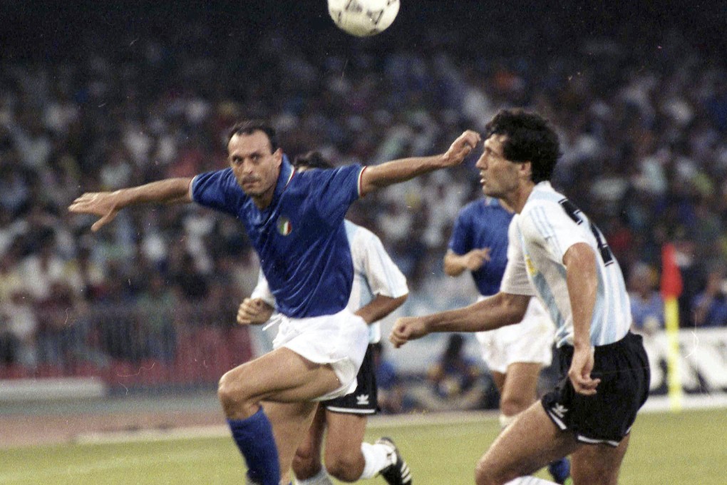 Italy’s Salvatore “Toto“ Schillaci (left) and Argentina’s Juan Simon chase the ball during the 1990 World Cup semi-final, which Argentina won on penalties. Photo: AP
