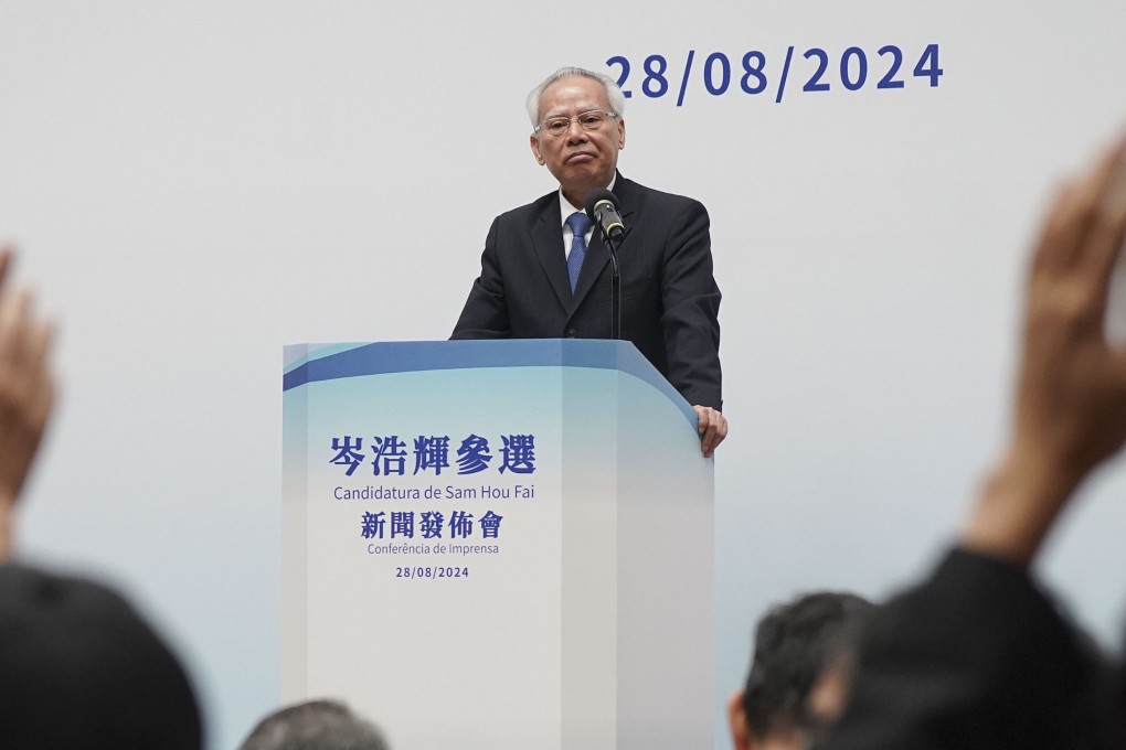 Macau’s former top judge Sam Hou-fai held a press conference on August 28 to announce his bid in the city’s chief executive election. Photo: Elson Li