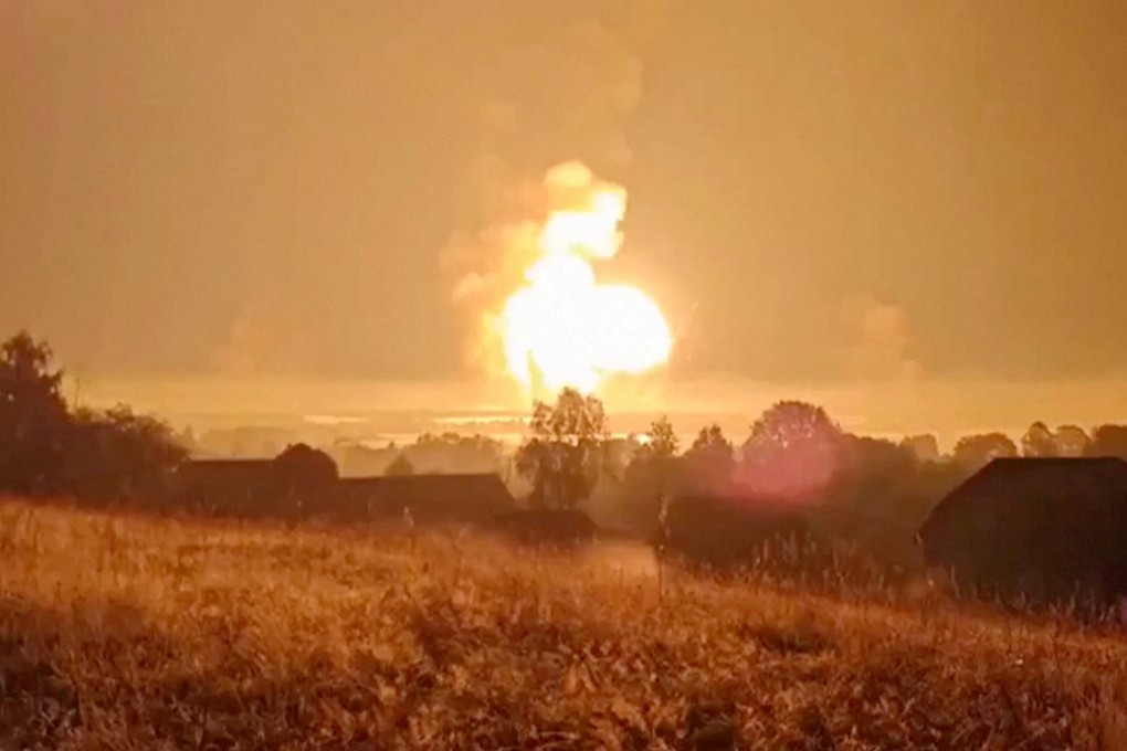 Flames rise during an explosion in Toropets, Tver region, Russia, on Wednesday. Photo: Social media via Reuters