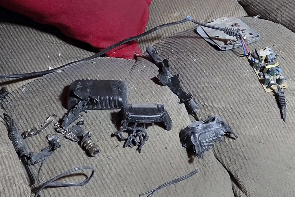 The remains of a walkie-talkie that exploded inside a house, in Baalbek, east Lebanon, on Wednesday. Photo: AP