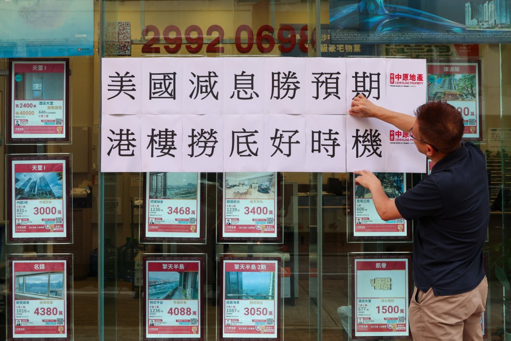 A sign posted outside a Jordan real estate agency says it is a good time to enter the market after the US Federal Reserve cut its benchmark interest rate. Photo: Jelly Tse