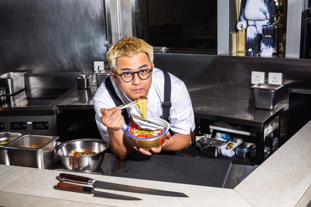 Hong Kong chef Frankie Wong of Ankôma takes a break from service by indulging in a pot noodle. Photo: Jocelyn Tam