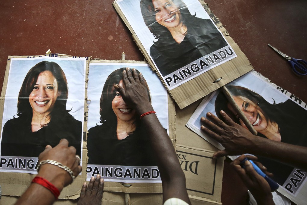 Villagers in India’s Tamil Nadu state prepare placards featuring Kamala Harris in 2020 to celebrate her winning the vice-presidency. Photo: AP