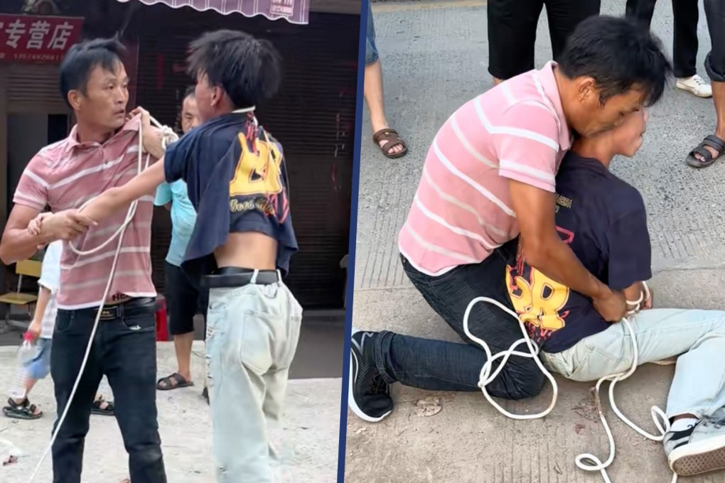 In central China, a father publicly bound his son with rope for failing school, sparking a debate on parenting styles. 
Photo: SCMP composite/Douyin