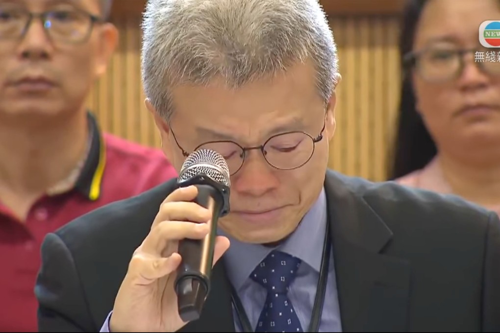 Wong Yau-kit, principal of Yan Chai Hospital Tung Chi Ying Memorial Secondary School, cries as he apologises for missing the deadline for a football contest. Photo: TVB