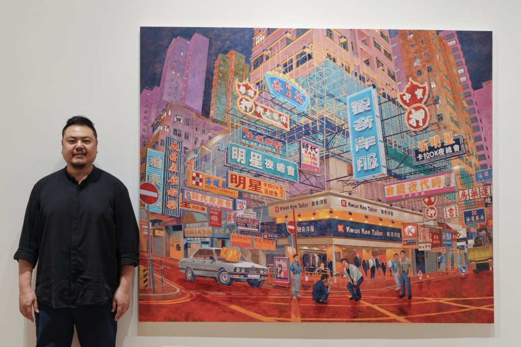 Chow Chun-fai next to his painting As Tears Go By 1988 at Mahjong School Portland Street (2024), part of his solo exhibition “Map of Amnesia” at Tang Contemporary Art in Central, Hong Kong. His paintings in the show depict city scenes as they are now and once were. Photo: Jelly Tse