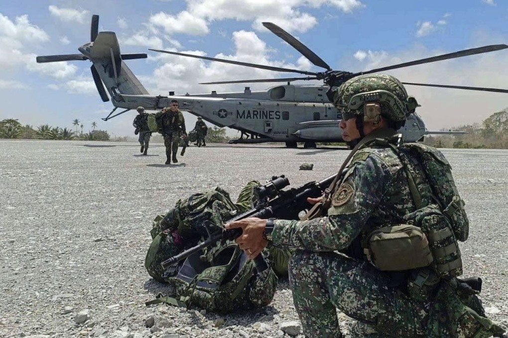 Philippine and US troops take part in air assault exercises as part of joint annual military drills, in the Philippines’ Palawan province on April 26. Photo: EPA-EFE/Armed Forces of the Philippines
