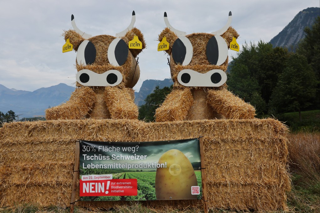 A sign asking Swiss voters to say no to Sunday’s Biodiversity Initiative “For the future of our nature and our landscape” sits in Trimmis, near Chur, Switzerland. The banner reads: “30% area gone? Bye Swiss food production!.” Photo: Reuters