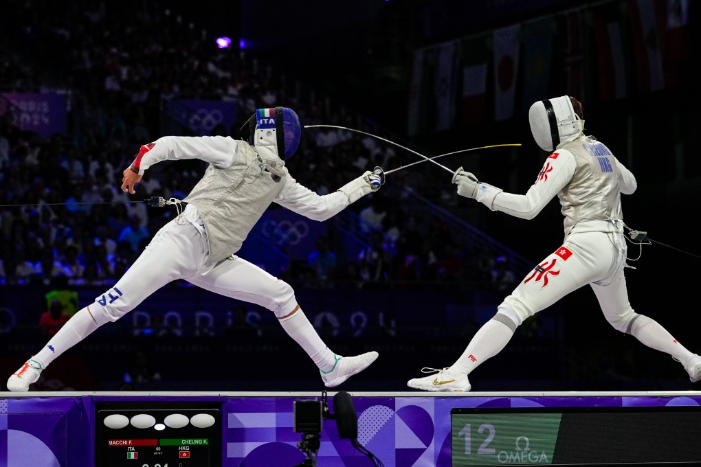 Hong Kong’s Cheung Ka-long (right) takes on Italy’s Filippo Macchi for the Olympic gold medal in Paris. Photo: AP Photo