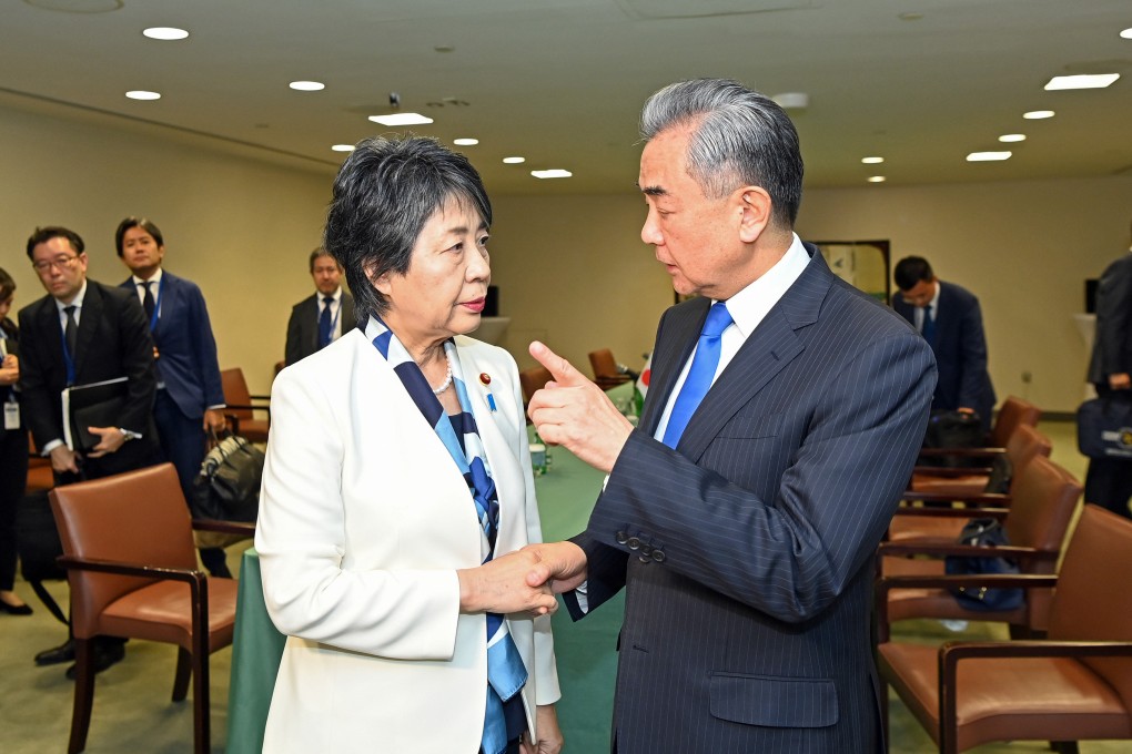 Chinese Foreign Minister Wang Yi (right) is pictured with Japanese Foreign Minister Yoko Kamikawa in New York on Monday. Photo: Xinhua