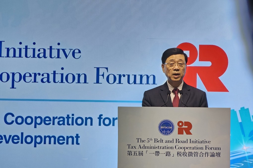Chief Executive John Lee Ka-chiu speaks at the Belt and Road tax forum in Hong Kong on September 24, 2024. Photo: Enoch Yiu