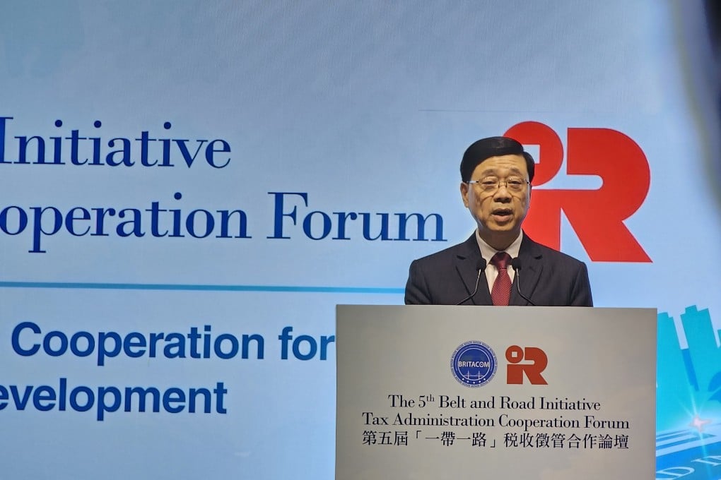 Chief Executive John Lee Ka-chiu speaks at the Belt and Road tax forum in Hong Kong on September 24, 2024. Photo: Enoch Yiu