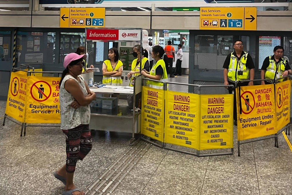 A barrier placed at Clementi MRT station following a major railway disruption, which has affected the East-West Line since Wednesday. Photo: Jean Iau