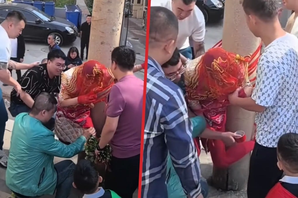 Distressing images of a bride in China taped to a phone pole have reignited the debate over vulgar wedding “hazing” on mainland social media. Photo: SCMP composite/YouTube