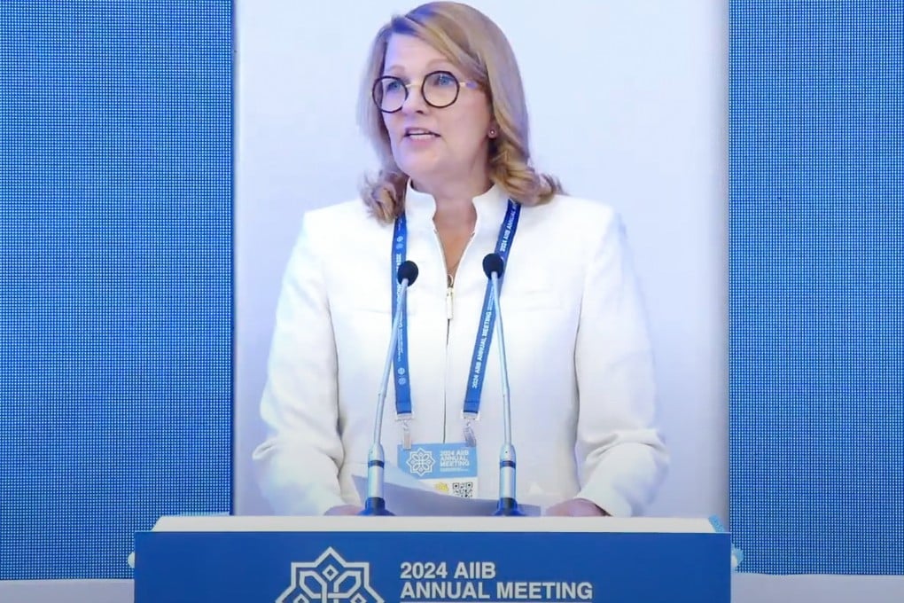 Former Finnish prime minister Mari Kiviniemi speaks during annual conference of the Asian Infrastructure Investment Bank in Uzbekistan on Wednesday. Photo: Asian Infrastructure Investment Bank