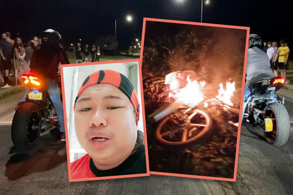 A Malaysian father, fearing for his son’s safety due to late-night motorcycle racing, burned his bike to prevent him from getting hurt. Photo: SCMP composite/X.com/TikTok
