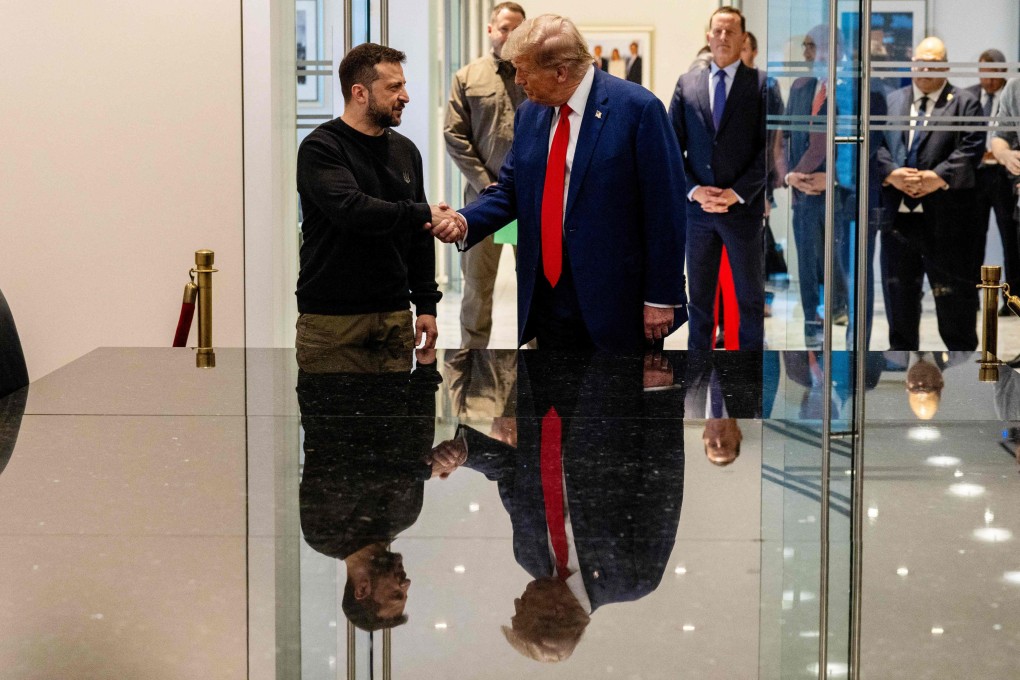 Ukrainian President Volodymyr Zelensky and Republican presidential nominee, former US President Donald Trump, shake hands during a meeting on Friday in New York. Photo: AFP