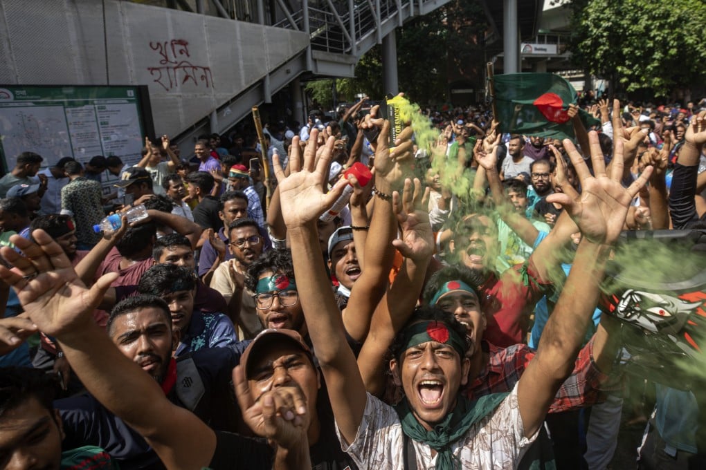 Protesters in Dhaka, Bangladesh, shout slogans as they celebrate Prime Minister Sheikh Hasina’s resignation on August 5. Photo: AP
